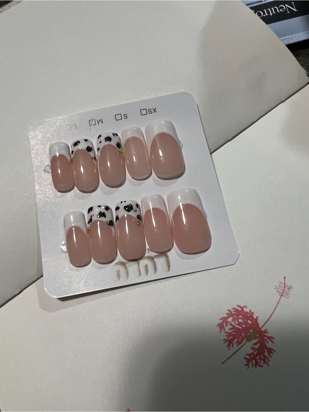 Neutral Pink French Press-On Nails with Dalmatian Accent